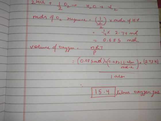 2hu + 10 H₂O + Imoly of require ② x mole of the = 4 x 2.74 ml - 0.685 mol volume of oxygen. no - (0.68 5 mol ):(0.0331 6. abo