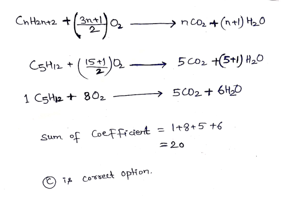 Cn Hent2 + (30ty Oz - > 700 +(n+) H20 C5H12 + (157) 5602 +(5+1) H20 1 C3H12 + 802 - 5602 + 6H₂O . sum of coefficient = 1+8+5