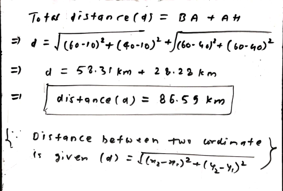 ㅋ Total distance cas = BA + Ath > d=1660-40)*+(40-10J4 +5160-90°+ (bo- neje =) d = 58.31 km + 28.28 km ㅋ ㅋ distance (a) = 86.