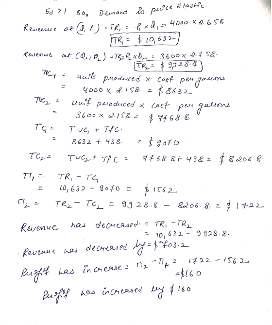 32 Ed >I soo Demand ie puice Elastic. Revenue at (d. P.) = TR, = P xd, a 4000x2.658. - TR = $10,632) Revenue at CO2, p.) The