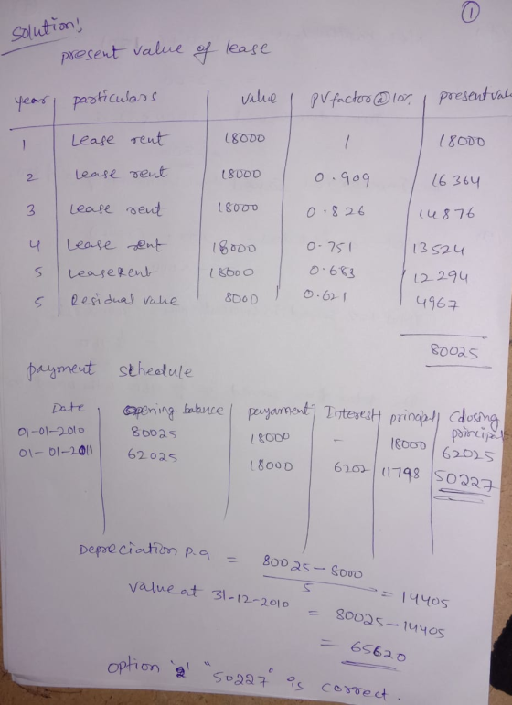 0 solutions present value lease of year particulars valie PV factor @ 101, I present vale 1 18000 Lease rent (8000 2 lease re
