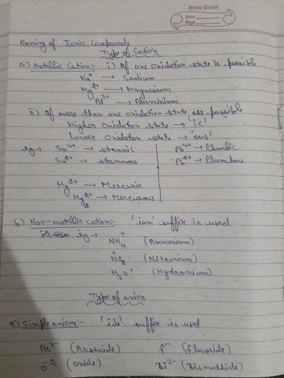 Note Book Data Page Naming of Tonic Componnels Type of Cation a) metallic Cation: i) of one onidation state is possible Not S