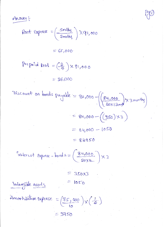 Answers r. smthy Rent Expense = 1.5mthy x91,000 Fently = 65,000 Prepaid Rent = )*91,000 = 26,000 Discount on bonds payable =