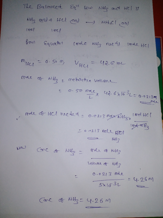 The Balanced Eau blew Ntz and HCl is NHR a) + Hele) - NHACI (ar) Imel from Equath (mole NH3 needs inde Hel Miter = 0.50 m VHG