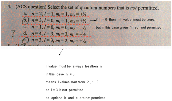 4. (ACS question) Select the set of quantum numbers that is not permitted. a. n=2,1 = 1, mi = 1, m, = +2 b.) n=3,750, mi= 1,