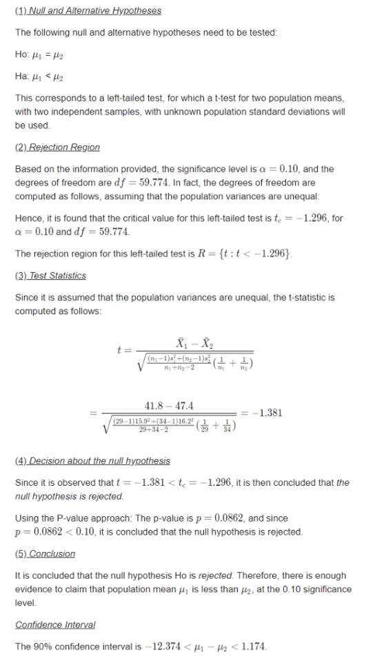 (1) Null and Alternative Hypotheses The following null and alternative hypotheses need to be tested This corresponds to a left-tailed test, for which a t-test for two population means with two independent samples, with unknown population standard deviations will be use (2)-Rejection Region Based on the information provided, the significance level is a0.10, and the degrees of freedom are df - 59.774. In fact, the degrees of freedom are computed as follows, assuming that the population variances are unequal Hence, it is found that the critical value for this left-tailed test is te1.296, for a 0.10 and df 59.774 The rejection region for this left-tailed test is R-t:t<-1.296 3 Since it is assumed that the population variances are unequal, the t-statistic is computed as follows 21 +n2-2 1.8- 47.4 -1.381 -184 1 (29-1)15.92+(34-1)16.2211 29+34-2 Since it is observed that t-1.381tc-1.296, it is then concluded that the null hypothesis is rejected Using the P-value approach: The p-value is p = 0.0862, and since p 0.0862 < 0.10, it is concluded that the null hypothesis is rejected It is concluded that the null hypothesis Ho is rejected. Therefore, there is enough evidence to claim that population mean μ| is less than μ2, at the 0.10 significance level The 90% confidence interval is-12.374くμ1-Mg 1.174