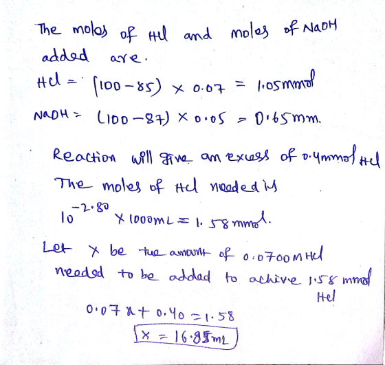 The moles of all and moles of NaOH added are. Hel= (100-85) x 0.07 = los mmol NADH> 1100-87) *0.05 - 0165mm. Reaction will gi