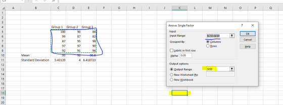 C D E F G H I J K L M N O P Q Group 1 Group 2 Group 3 Anova: Single Factor ? x 90 Input Input Range: OK 99 87 SCS5: SES9 O Co