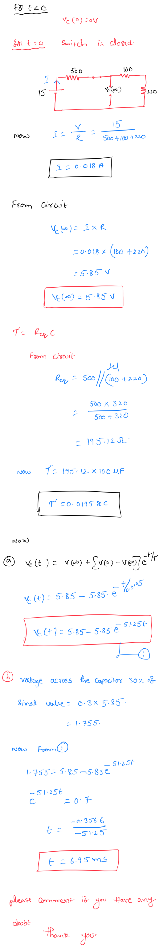 for tco Vc (0)20v for too switch is closed. 1 500 100 a un re(oo) 15 3220 now suě - souble or 350-018 A I = 0.018 A from Circ