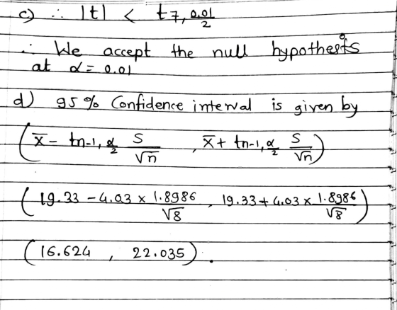 g. It) € 77,001 We accept the null hypothests at delet d) 95% Confidence internal is given by (x- tn-l s X+ tn-i, a 5 ha 19.3