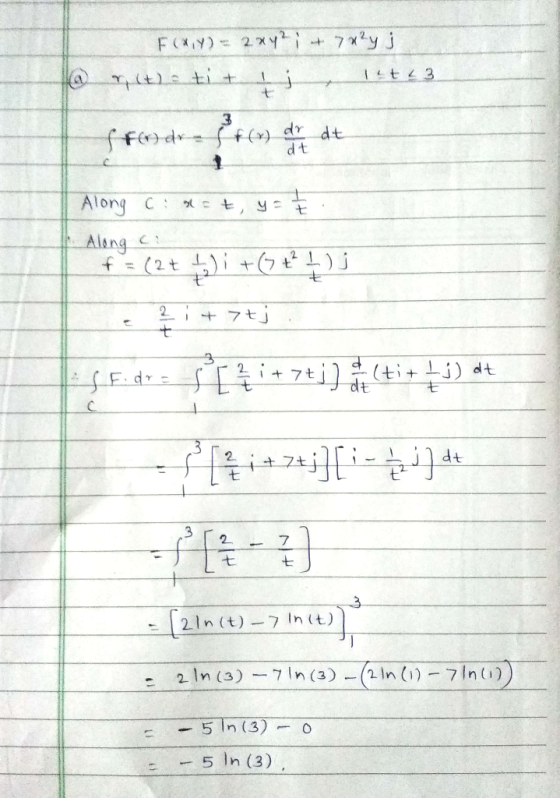 F(X,Y) = 2xy? + 7?y j amit ti tij It! 3 Fodra f(x) dr at dt Along C: Xet, ya Along ci + 7tj s Fidre [ i+7+j) (tit tj) dt - [2