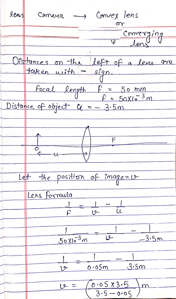gens Camera Convey lens comverging ♡ Distances on the left of a lens are taken with sign. f 50 mm f Distance of objects as- 3
