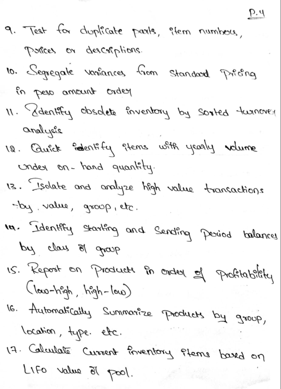 P.4 9. Test for duplicate parts, item numbers, polices or descriptions. 10. Segregate variances from Standard pricing in peso