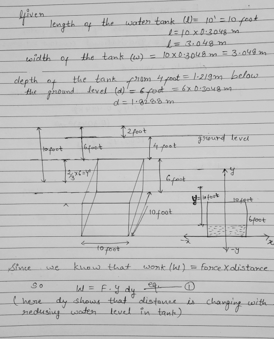 liven length of the water tank (d)= 10 = 10 foot e = 10 x 0.3048 m l= 3.048 m width of the tank (W) = 10x0.3048m = 3.048 m t