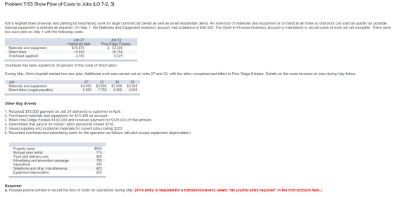 Problem 7-53 Show Flow of Costs to Jobs (LO 7-2, 3) Kims Asphalt does driveway and parking lot resurfacing work for large co