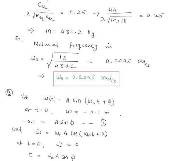 Cea 0.25 44 2 Meq keq = 0.25 2 /mx 18 So, ME 430.2 kg Natural frequency is W = 18 0.2045 rades 4 30.2 Wh = 0.2045 rads OS Ye
