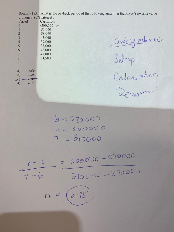 Bonus. (1 pt.) What is the payback period of the following assuming that theres no time value of money! (0% interest). Perio