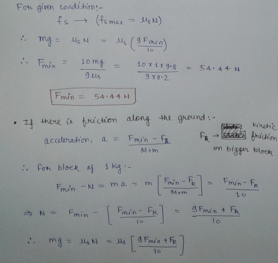 For given condition: - fs (fs max = mg = USN 4 м) us (9Fmin) i Emin 10mg I us 10 X 1 X 9.8 980.2 54• 4 4 N Fimin 54.4.4 N If