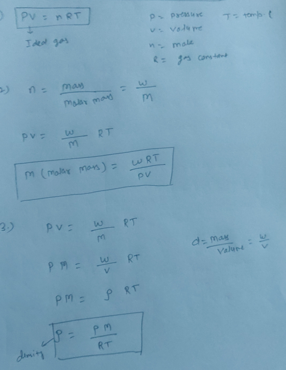 O Pv=ART - temp c e Ided gas p- pressure un volume na male R = gas constant mars malay mari - pv pvz w RT RT m (molar mars) =
