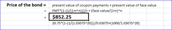 Price of the bond = present value of coupon payments + present value of face value PMT (1-(1/(1+r^n/r+ (face value/(1+r)^n $8