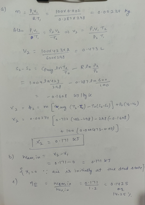 a ) 1oox 0.002 0.00234 PV RT, kg 0:287 X 298 Alo Pui 2 2 2 2 PV, Tz OT, P2 T 0.473 L V2 = 1oox42 342 600x298 Sa-So = (pang R
