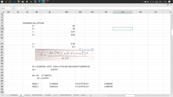 1x ur ENG 12:18 D х AQ79 АН Al AJ AK AL AM AN AO AP AQ AR AS Al- 74 75 76 77 DIVIDEND CALL OPTION 78 S= 60 79 K= 56 80 0.07 8