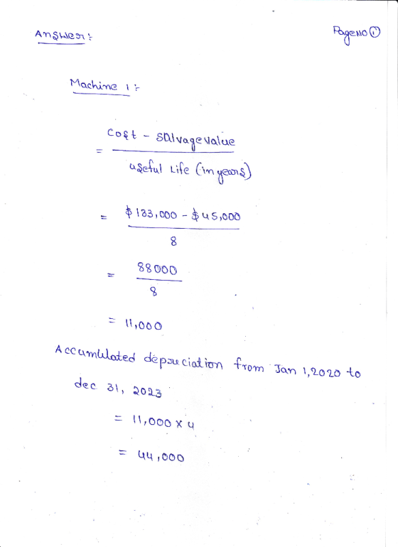Anslen : Machine i ? coft - salvagevalue useful Life (imyeoms) $183,000 - $45,000 8. 88 000 = Il,000 A ccamulated depu ciatio