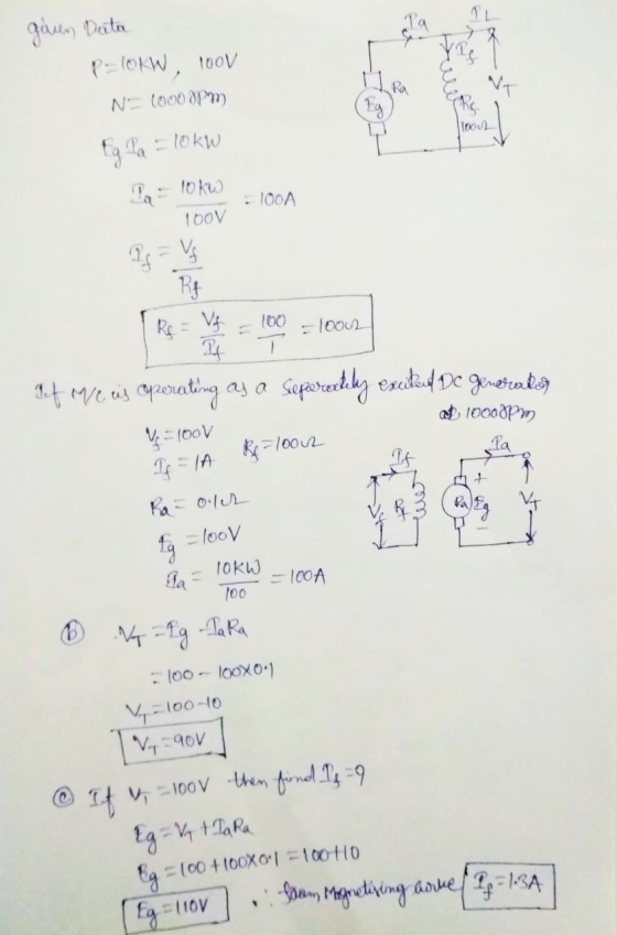 given Derta plokW, 100V N= 1000 PM Sg Pa = 10kW Pa = 10kw 100v = 100A RE The 100 = 100 of me as operating as a Sepærerkely