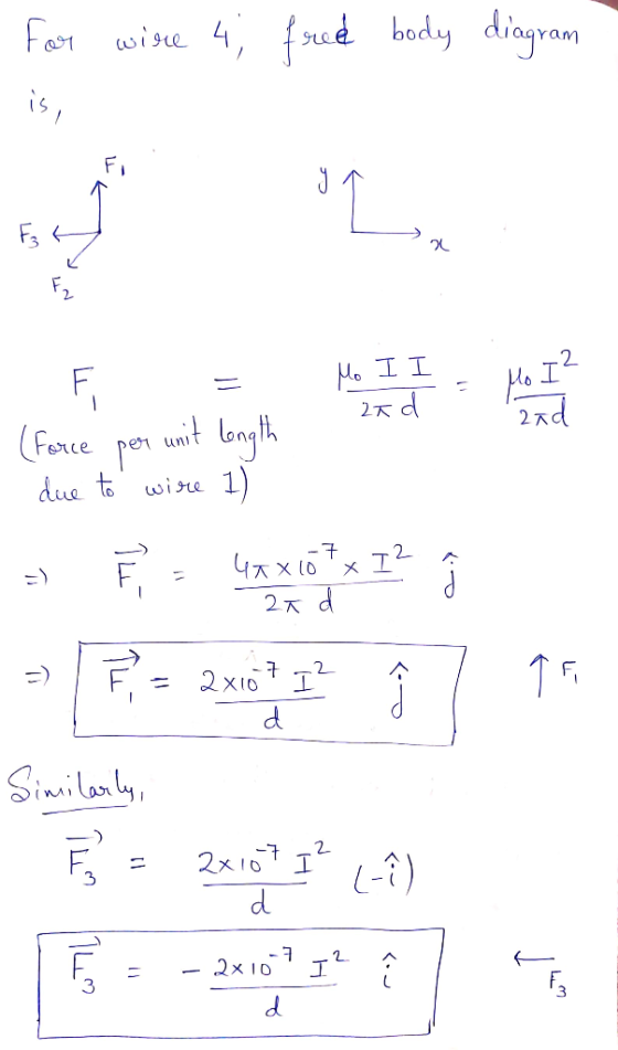 For wire 4, free body diagram nosos 2. 2ad (Force per unit length due to wire 1) - 27 d - P = 2*40* q? Î / 15 Similarly, - 2
