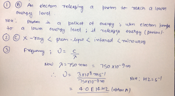 0 ③ An electron releasing a photon to reach a lower - energy level . Note: Photon is a packet of energy ; wwn electoon jumps