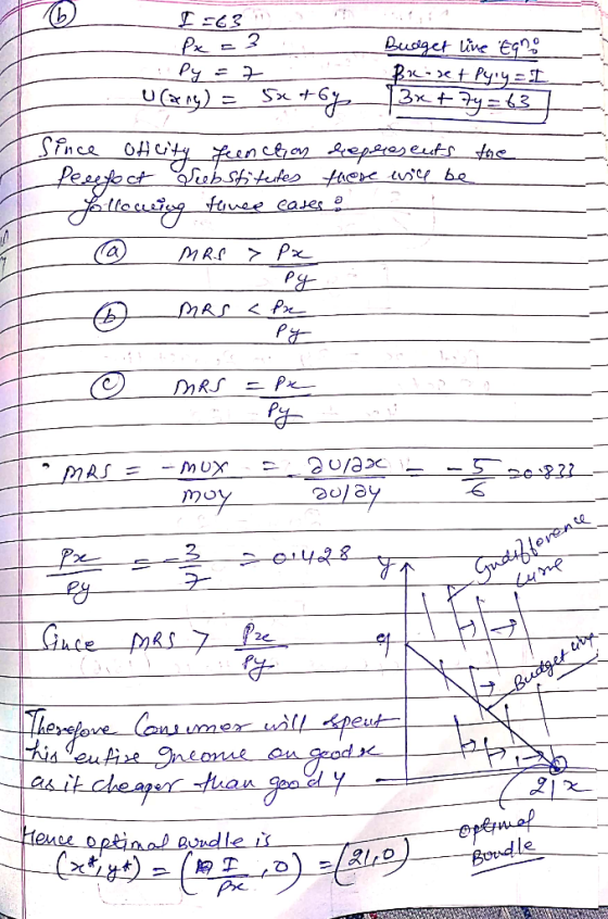 Px =3 Budget line egno Py =7 Binet Pyyet U(arry) = 5x +64 13x + 7y=63 Since of city feenction depresents the Perefoot Substit