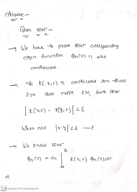 Answl! - det Grwen 15at: - kle have to prove that cosse sponding epgen function QnCX) is also continuous. It -y Xs kc ait) Ys