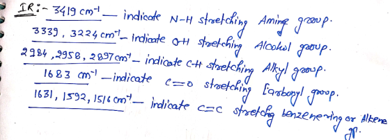 IR:- 3419 cmt — indicate N-H stretching Aming group. 3339, 3224cm indicate at stoetching Alcohol gooup. 2984,9958, 2897 cm-