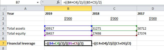 B7 fr =((B4+C4)/2)/((B5+C5)/2) A B с D 1 Year 2019 2018 2017 2 $000 $000 $000 50917 51271 50712 28457 27498 27374 3 4 Tota