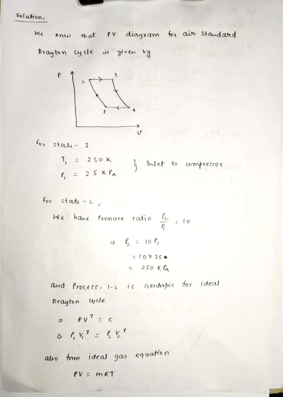 also from ideal gas equation solution, We know that PV diagram for air standard Brayton cycle in given by 3 for state - 1 T 1