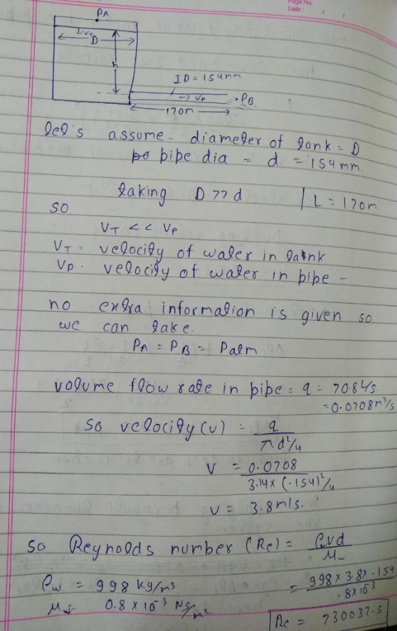 s assome- diameer of Jank- Baking D 77 d So VTVelocify of waler in 9atnk Vpveloy of waler in bipe no exta infornaion is given so we can ak e 0: 0208/ ndlu va 3.8nls key holds number CRe) ud 998 ks/ 9 987 3 87 15 10 Ae7300 37.s