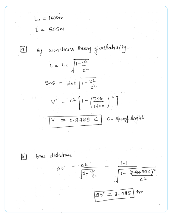 Lo 1600m L = 505m al By eienstines hears of relativity. L= Lo 1-v2 505 =1606 / 1-uz cz v2 = c² <?(-60 1505 11600 V = 0.9489