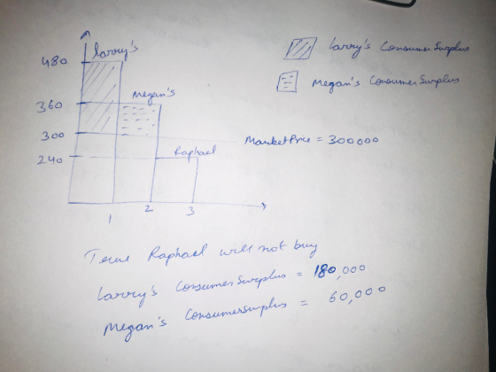 480 Larrys consumer Surplus E megans Consumer Surplus 360 300 Market Price = 300000 laphael 240 Teme Raphael will not buy l