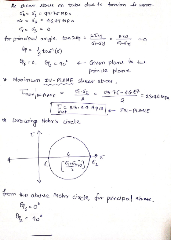 0 A shear stress on tube due to torsion is zero on = 6 = 93.75 MPa Bea 62 = 46.87 MP a O = 63 2-Lху 2 XO for principal angle,