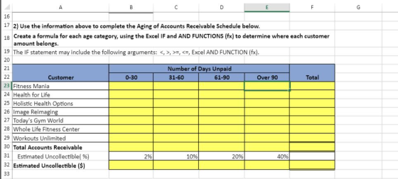 A B с D G 16 17 2) Use the information above to complete the Aging of Accounts Receivable Schedule below. 18 Create a formula