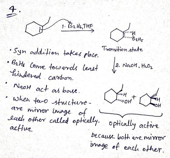 qa Bars Transition state • Syn addition takes place. 2. Noon, H2O₂ 32 Ho come towards least hindered carbon. Naon act as base