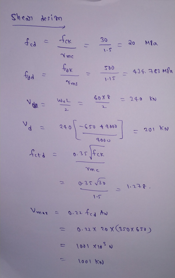Shear desim f fck 30 cd 20 = = MPa V mo fuk 434. 783 MPa fyd . = 1:15 rms 6088 WyL valu - 240 KN ad c 240 -650 && doo = = 201