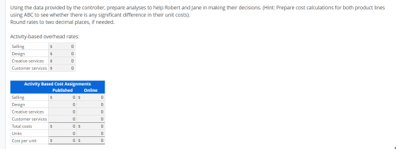 Using the data provided by the controller, prepare analyses to help Robert and Jane in making their decisions. (Hint: Prepare