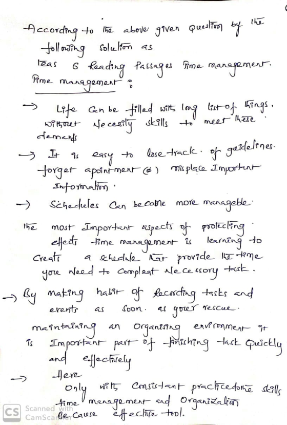 The above goven Queslion by Solu lfon as Accordng to lhe foll oting Teas kading Passages fime management. Pime managamear Lif