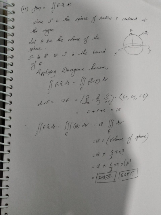 (14) fury = Sands. where S is the sphere of radius 3 centered at the origin the the 2222222 Let o be Sphere. volume of sol &