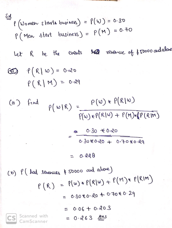 Sol p(women starts business) = P(W) = 0.30 p(Men start business) = P(M) = 0.70 let R be the events had revenue of $50000 and