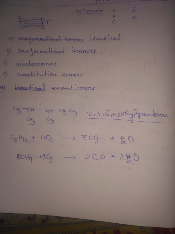 colum coise a) conformaational isomers, identical 6) conformational isomers. 9 diastereomers d) constitution isomers. le) Let