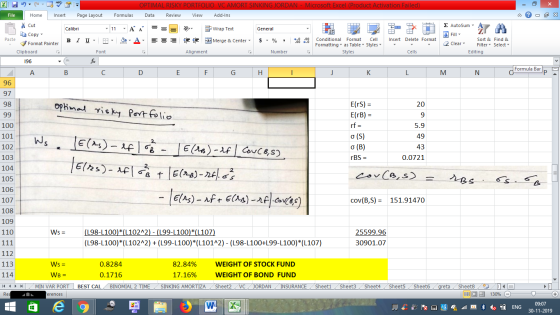 OPTIMAL RISKY POR VC AMORT SINKING JORDAN - Microsoft Excel (Product Activation Failed) File Home Insert Page Layout Formulas
