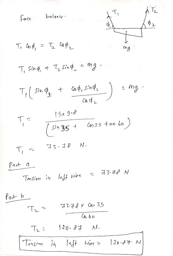 h Tà force balance AT 382 To cost, = Tz Cs 2 mg To sind, at Tz sind ang + Coso, sinda Tp ( singur sing) Eng codz 15x9.8 To Co