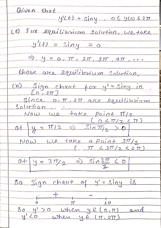 Given that YLE) - Siny-04_4LO) € 277 (a) for lauilibriurn solution, we take Ilt) siny zo y O, T, 2T, 2T 4T there are equilib